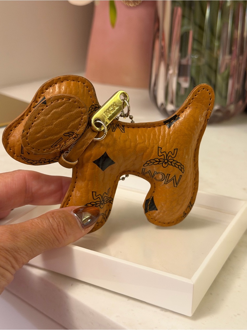 Cognac Leather Dog Key Charm